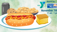 hot dog, pinto beans, corn bread